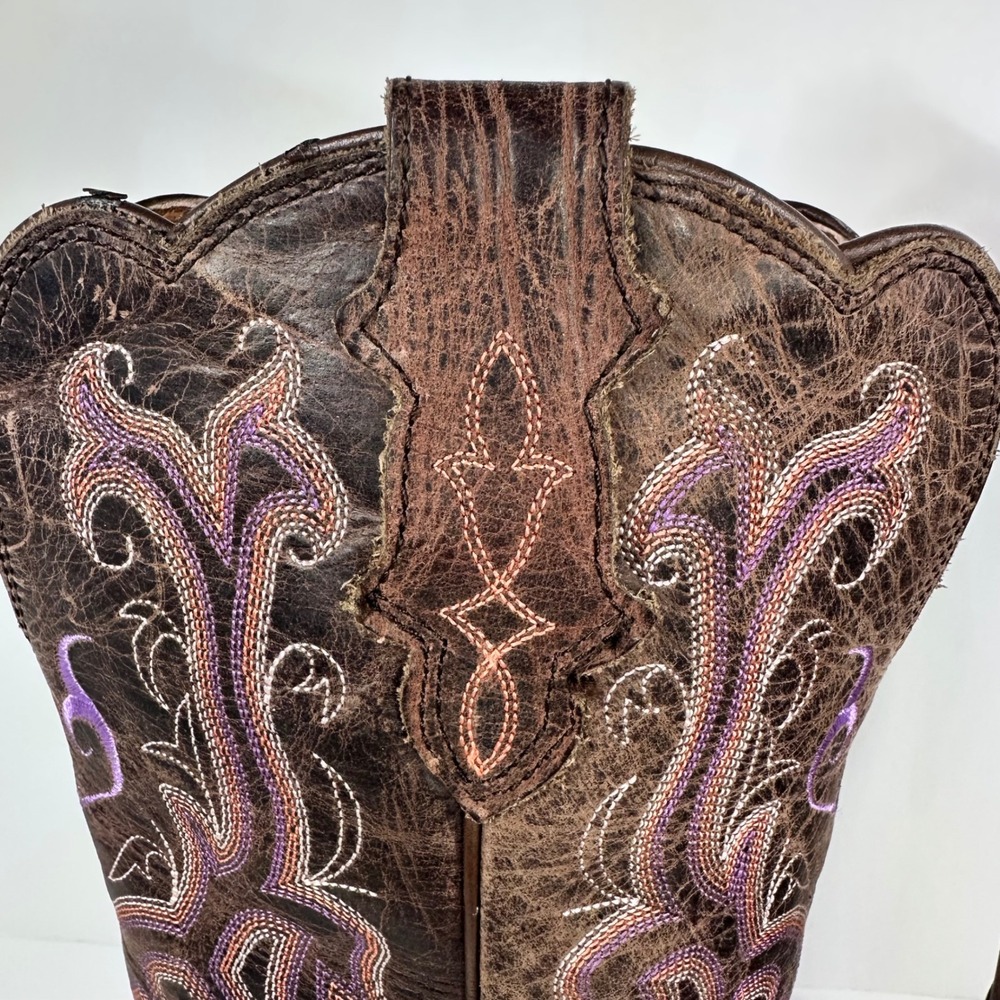 Justin Womens 8B Cowboy Boots Brown Leather Purple Embroidered Western - Picture 3 of 12